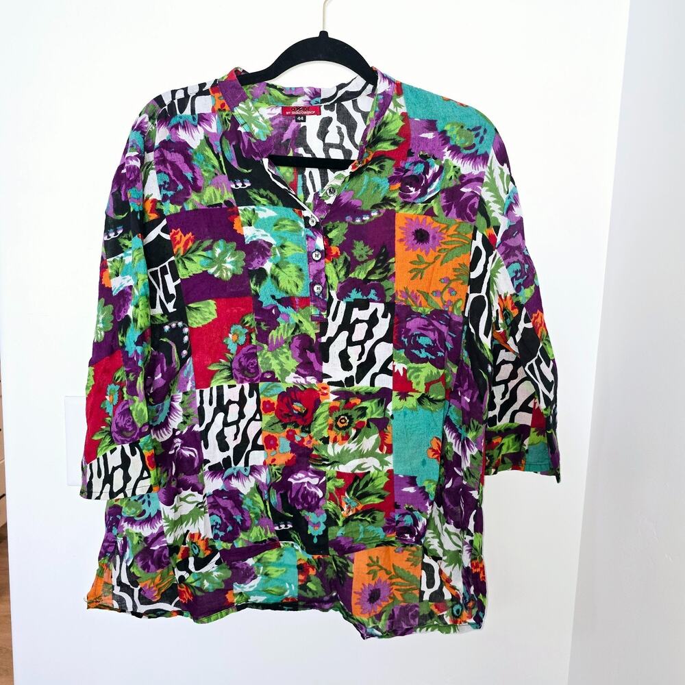 90s Vintage Womens Floral Patchwork Button Front Shirt Sz XL Cotton Maximalist